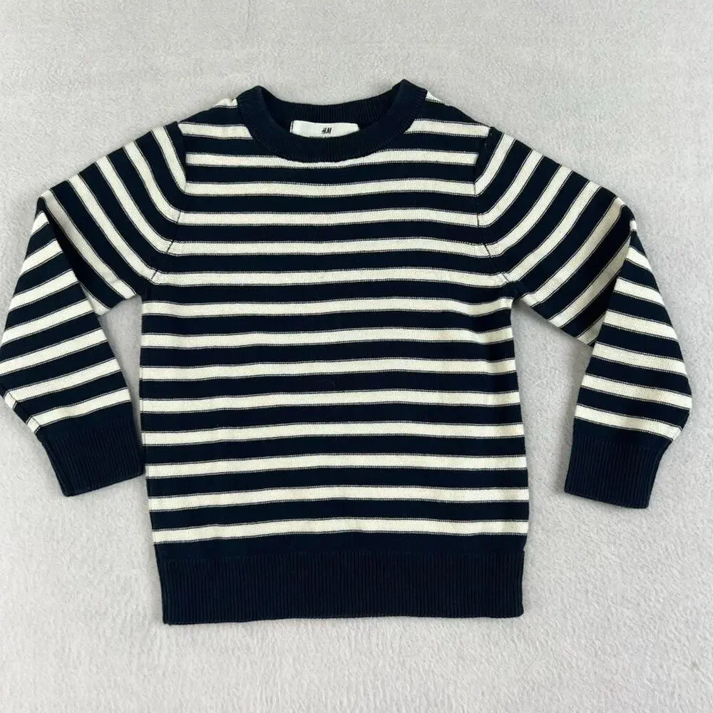H&M Sweater Kids 3/4T Striped Navy Blue & White 100% Cotton Crewneck Knit
